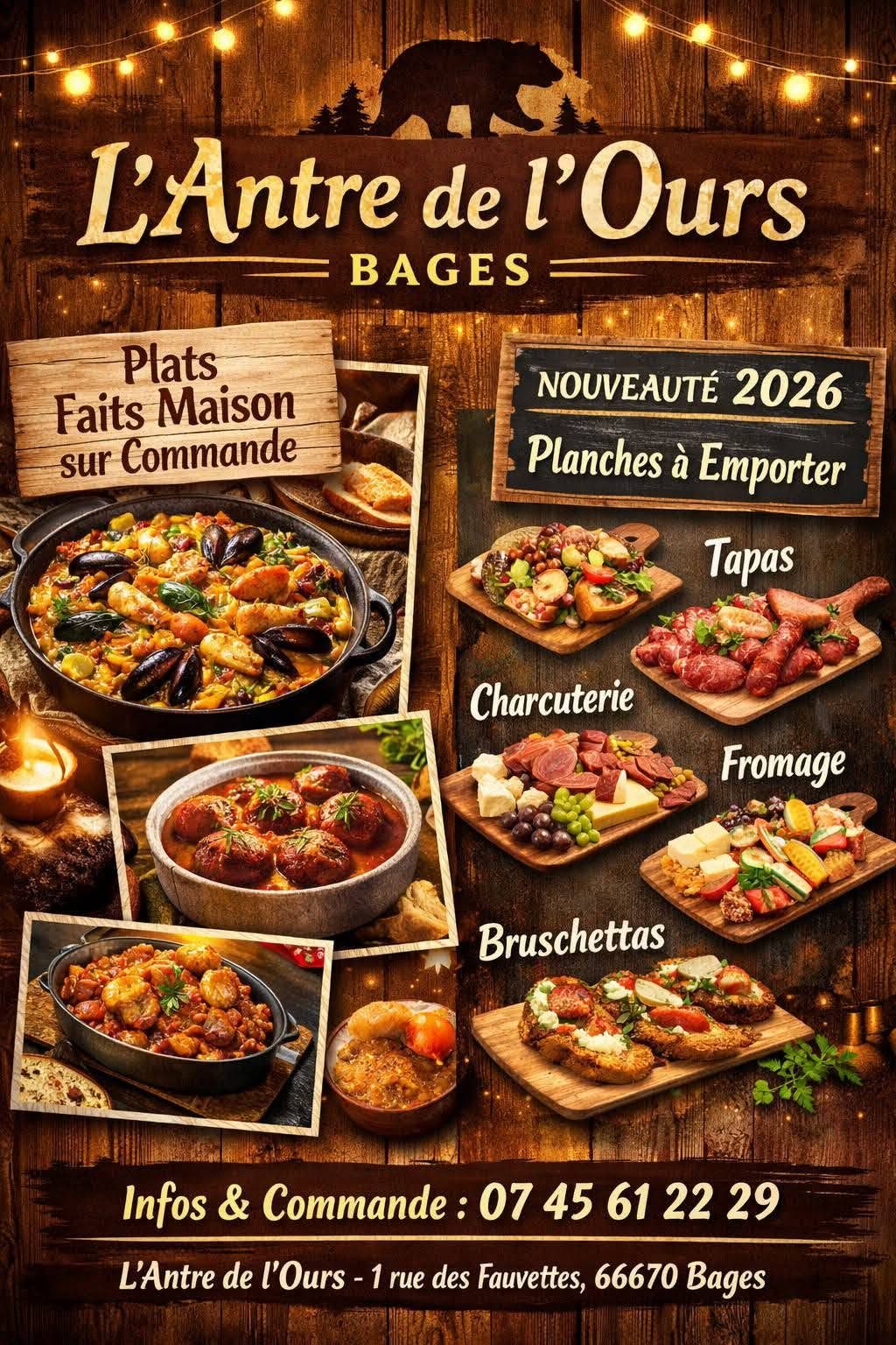 Flyer plats faits maison L'antre de l'ours Bages - Paëlla et fideuà sur commande