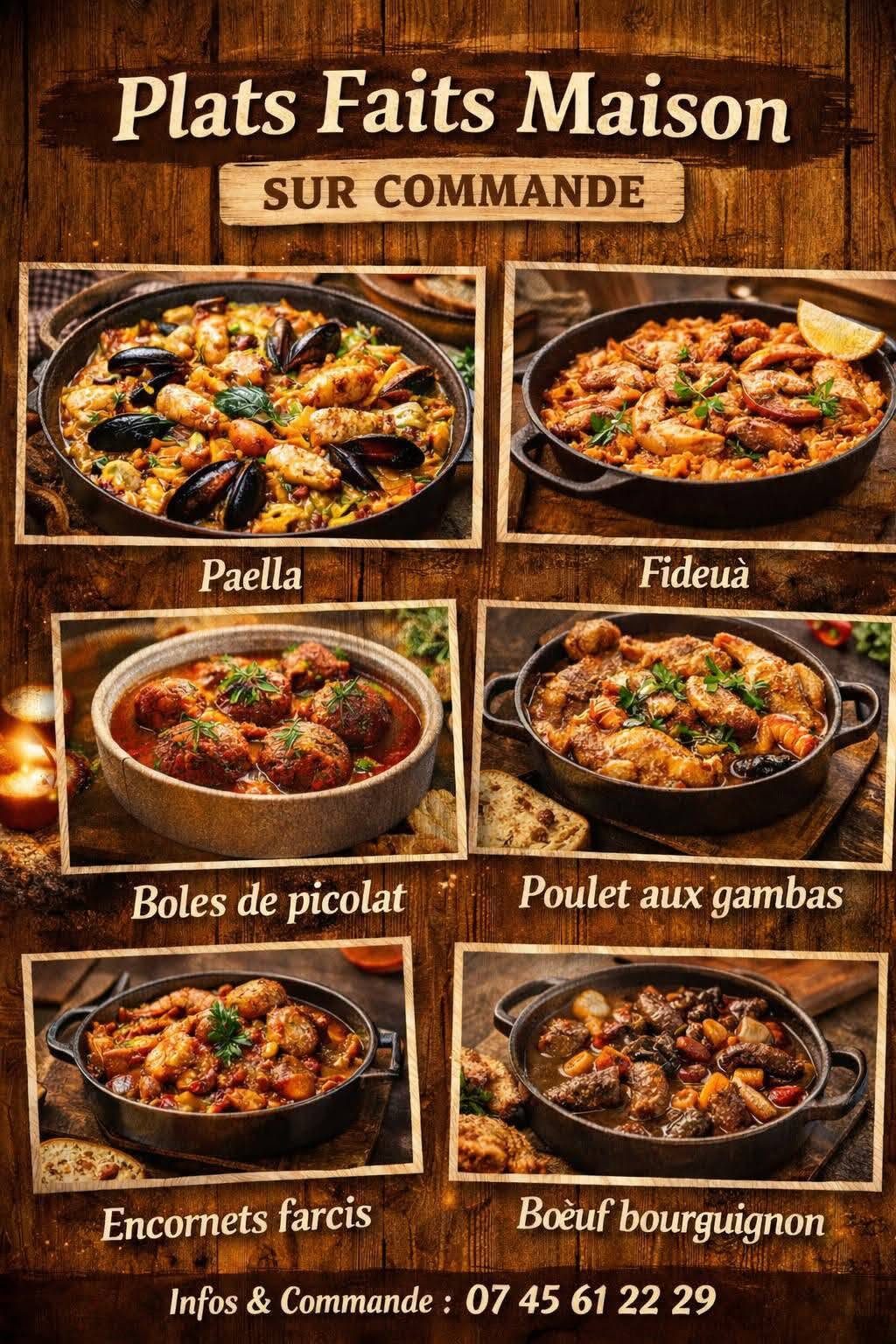 Flyer carte 2026 L'antre de l'ours - Boles de picolat, poulet aux gambas, bœuf bourguignon